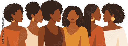 Flat vector illustration of diverse women standing together in portrait composition. Represents multicultural identity, inclusion, equality, and female empowerment.