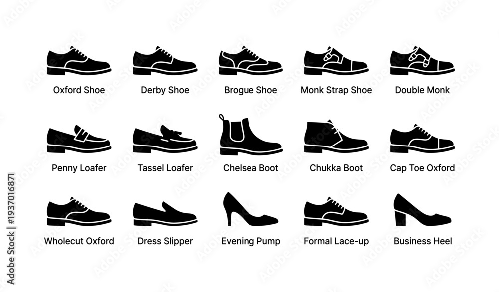 Obraz premium Variety of classic shoe styles for men and women illustrated in silhouette design