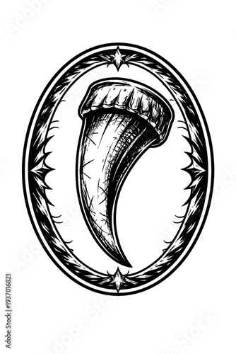 Striking B&W primal predator tooth, textured, enshrined within ornate tribal circular frame. Features sharp spiky borders, mystical star accents. Powerful emblem embodying untamed strength, fierce adv