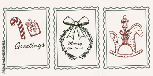 Vintage christmas postage stamps with festive illustrations and greetings