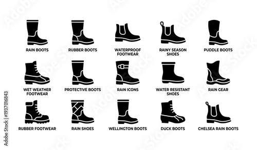 Variety of boots and footwear icons for wet weather protection
