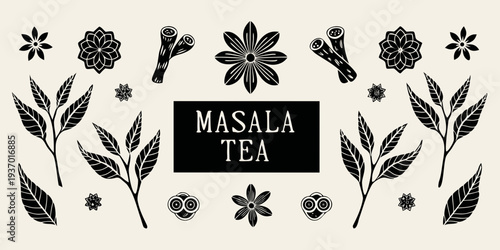 Masala tea illustration featuring spices herbs and floral elements
