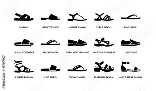 Silhouette collection of various sandal types for summer and casual footwear styles
