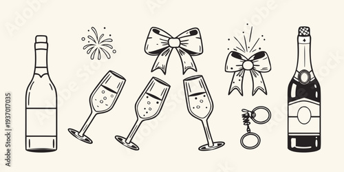 Celebratory illustrations of champagne glasses and festive party decorations