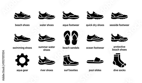 Variety of water shoes and footwear icons for beach and aquatic activities