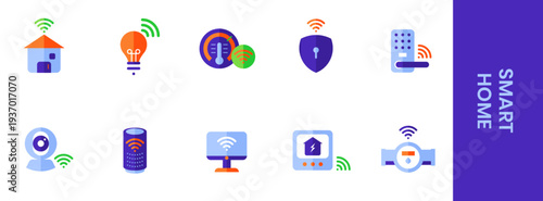 Smart home icon set with flat vector symbols of connected house, light bulb, thermostat, security shield, remote control, camera, router, monitor, power system, and water meter for IoT automation.