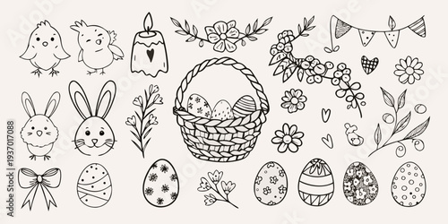 A charming collection of hand drawn easter elements in black and white