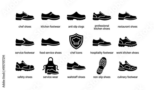 Variety of professional kitchen and service shoes with icons
