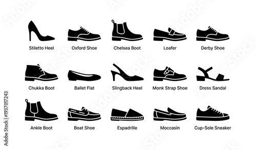 Variety of shoe styles: stiletto, oxford, chelsea, loafer, derby, chukka, ballet, slingback, monk, sandal