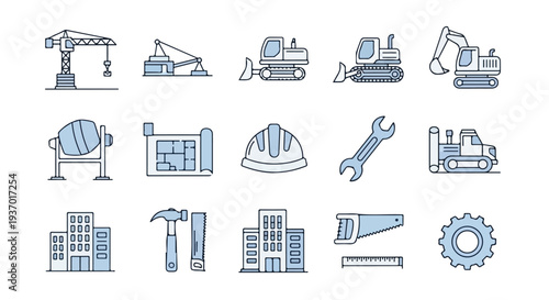 Vector icons showcase construction machinery, tools, safety gear, blueprints, and buildings, symbolizing industrial development and building processes.
