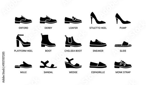 Silhouette collection of various shoe styles including heels and boots
