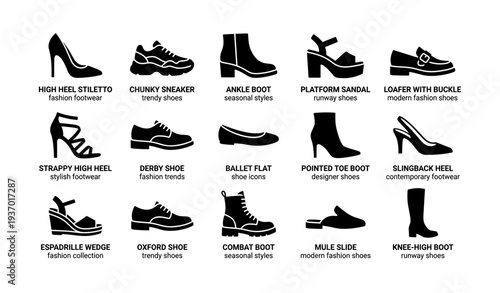 Footwear collection: stylish high heels, sneakers, boots, sandals, loafers, and mules