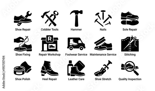Shoe repair icons: tools, services, and maintenance symbols