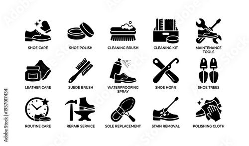 Shoe care icons: tools, brushes, polish, maintenance, protection