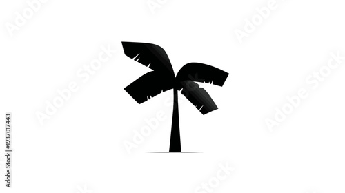 A simple, black illustration of a palm tree with a thick trunk and wide leaves on white