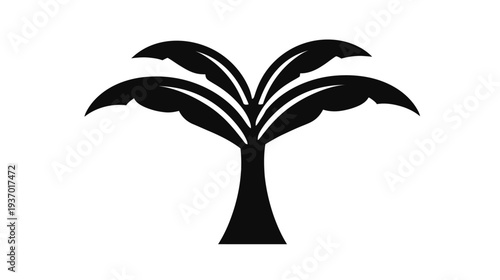 A simple, symmetrical, black silhouette of a tropical palm tree against a white background
