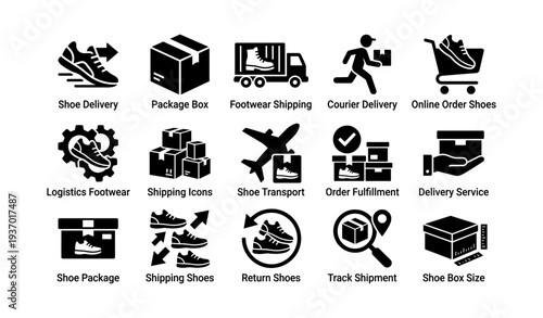 Shoe shipping and delivery icon set featuring logistics and e-commerce symbols