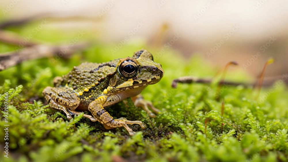 Fototapeta premium Close-up of a green frog on mossy ground with large black eyes