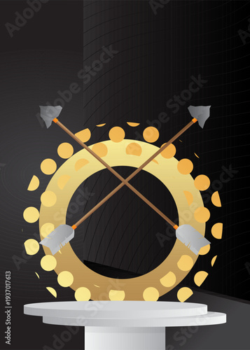Mockup product display with Ancient arrow. Vector cylinder pedestal podium. Stage showcase for presentation. Minimal geometric forms.