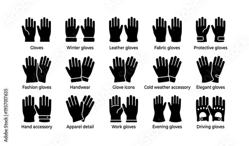 Assorted glove icons: leather, fabric, winter, protective, fashion