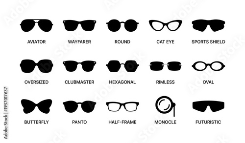 Various sunglasses silhouettes collection displaying diverse styles and shapes
