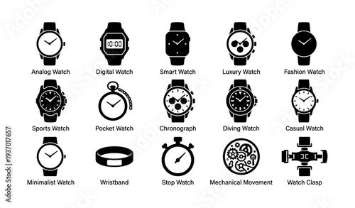 Variety of watch icons: analog, digital, smart, luxury, and more