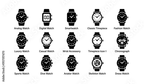 Diverse wristwatch icons: analog, digital, smartwatch, classic, fashion, luxury, casual, sports, dive, aviator, skeleton, dress