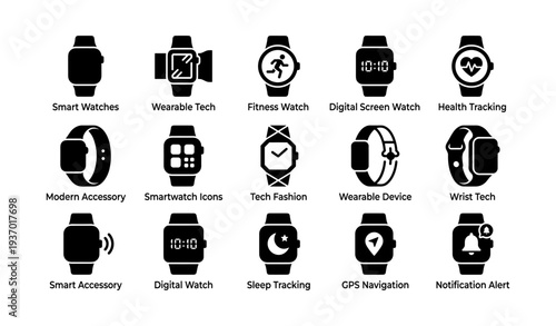 Smart watches and wearable tech icons for fitness and health tracking