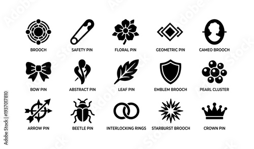 Assorted brooch and pin icons: floral, geometric, arrow, shield, crown, abstract designs