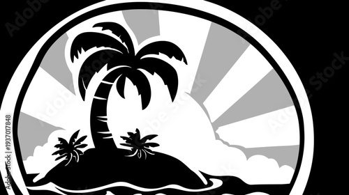 A tropical scene inside a circle shows a palm tree on an island, sun rays, and water