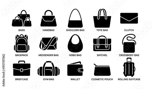 Collection of various bag icons: handbag, backpack, clutch, briefcase, wallet