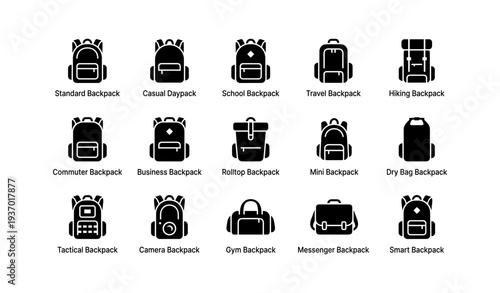 Icons of various backpack styles: casual, business, travel, hiking