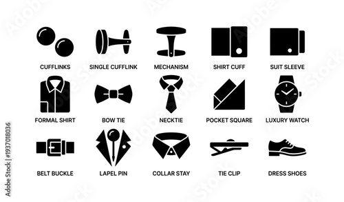 Cufflinks and accessories illustration: shirts, tie clips, watches