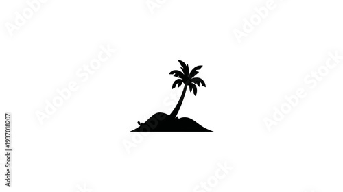 Silhouetted illustration of a palm tree growing on a small island. Black and white