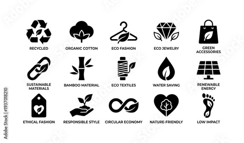 Eco-friendly icons: sustainability, recycling, renewable energy, organic, circular economy