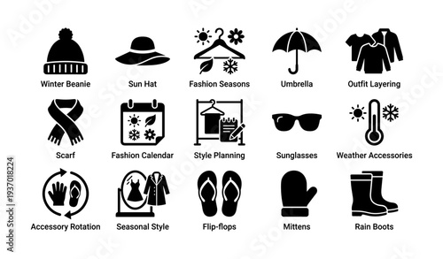 Fashion seasons and weather accessories icons: hats, umbrella, clothing layers, sunglasses, footwear