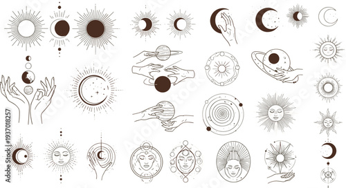 Set of mystical celestial line art icons featuring sun moon phases stars planets and magical hands isolated on a white vector background.