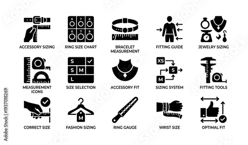 Accessory and jewelry sizing guide with measurement tools and size charts