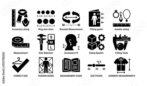 Clothing and accessory sizing icons for measurement and fitting guides
