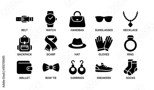 Collection of fashion accessories and apparel icons in black silhouettes