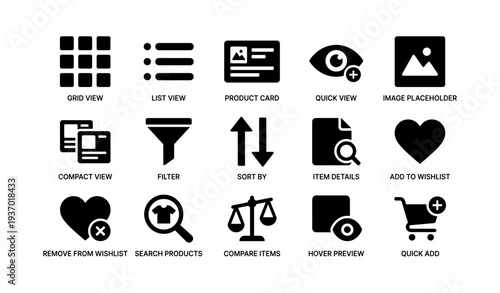 E-commerce interface icons: grid, list, product, filter, cart