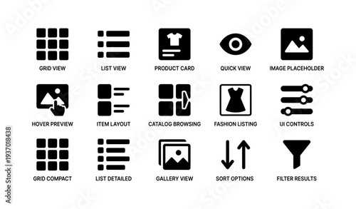 E-commerce icons: grid, list, product, quick, image, hover, catalog, fashion, ui, filter