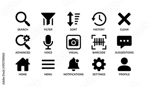 Essential user interface icons for search, settings, and notifications