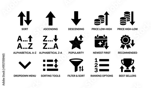 Sorting and filtering icons for e-commerce: arrows, price, popularity, ranking, best sellers