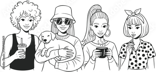 Diverse group young women holding drinks and puppy together in a vector outline illustration