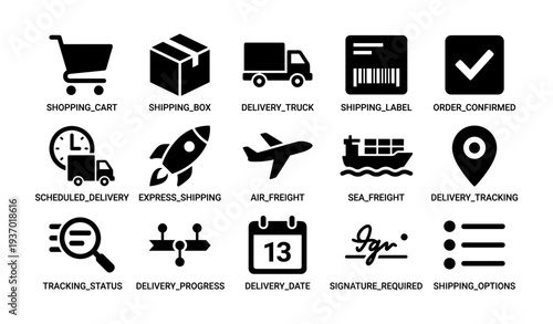 Shipping and delivery icons set: cart, box, truck, label, order, tracking