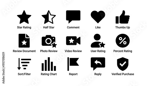 Rating and review icons set including star, like, comment, and camera