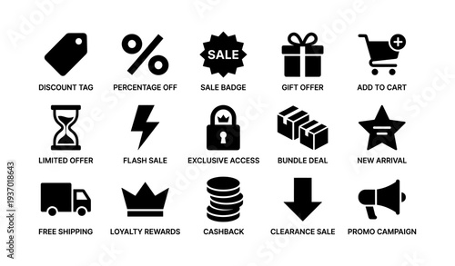 E-commerce icons: discount tags, gift boxes, shopping cart, limited offers, free shipping