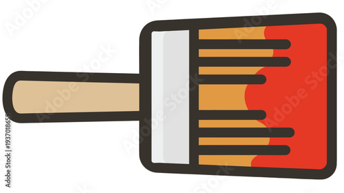 A cartoon image depicting a paint brush with a wooden handle, a grey bristle, and red paint