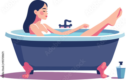 donna nella vasca da bagno in casa, relax ferie, riposo, yoga vettoriale 